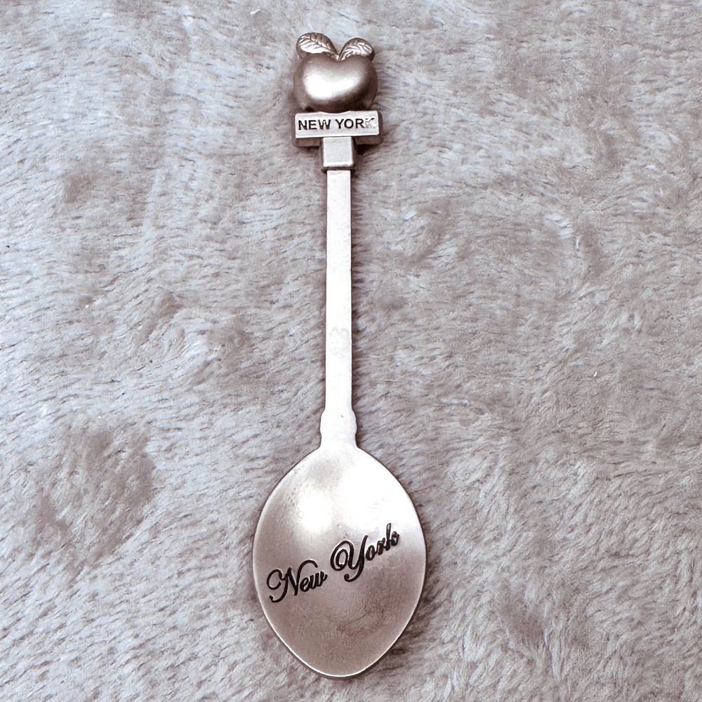 New York City Vintage Souvenir Spoon Silver Tone Big Apple Finial Pewter Style